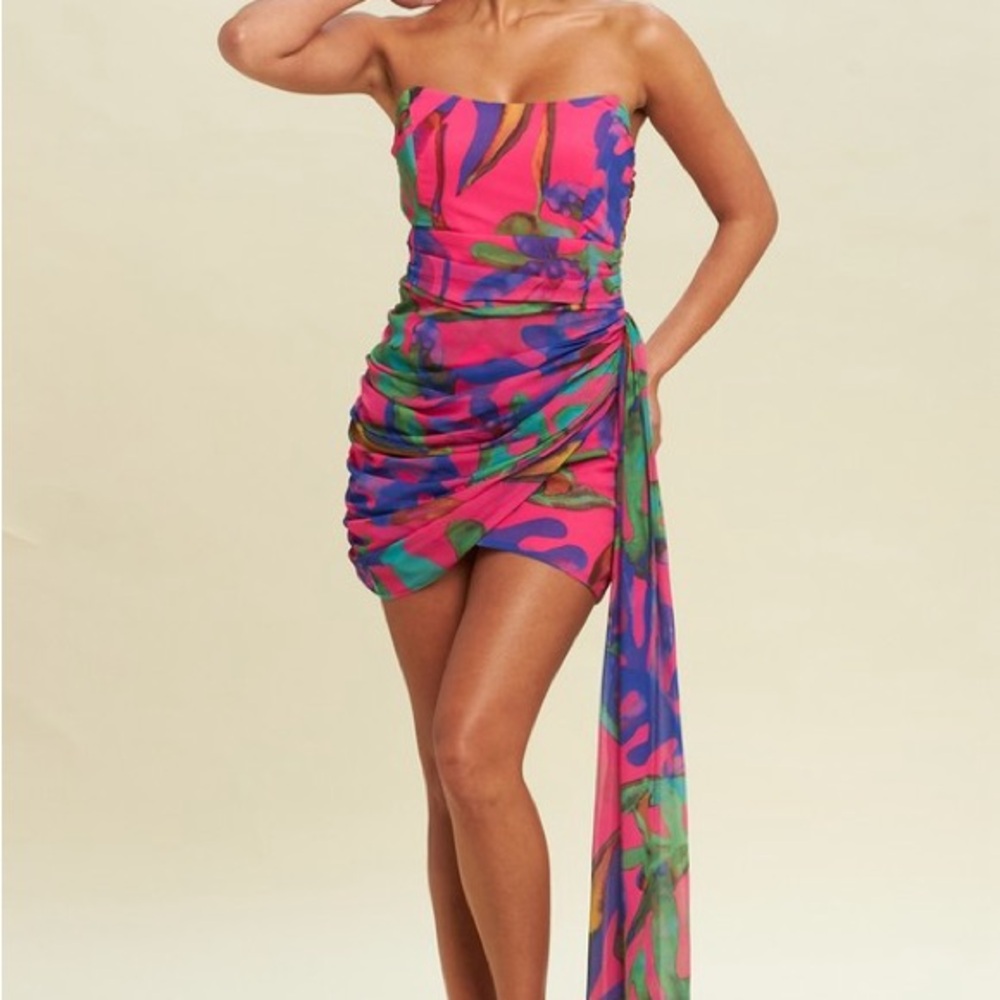 Fashion Nova Strapless Tropical Print Ruched Mini Dress in Hot Pink